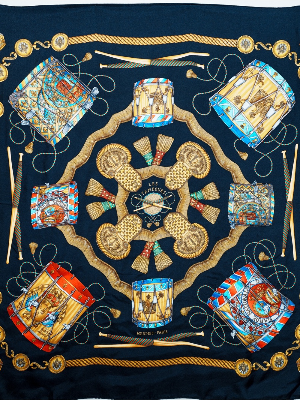 Hermès Les Tambours Silk Twill Scarf 90cm